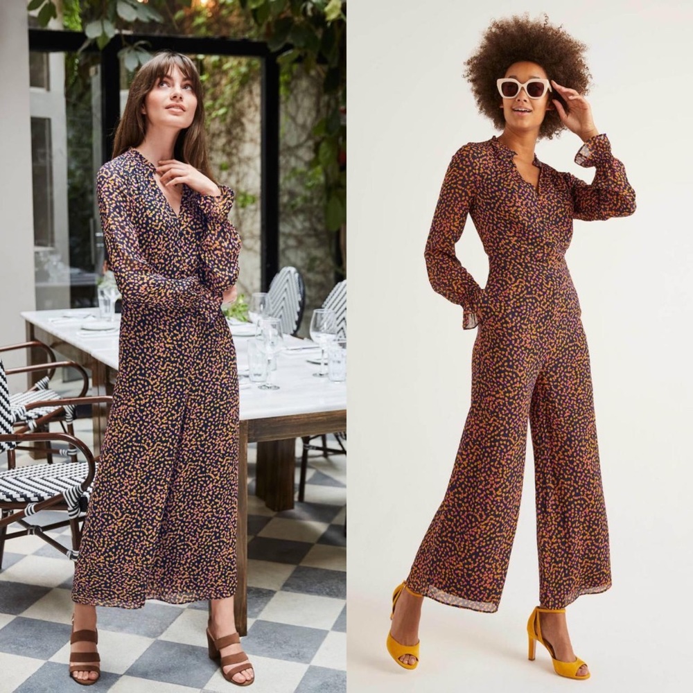 Boden Navy Multicolor Dot-Print Long-Sleeve Jumpsuit